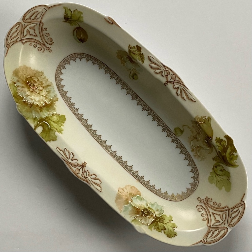 Hermann Ohme Antique Old Ivory Oval Decorative Serving Dish Floral Gold Trim EUC